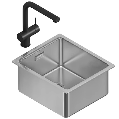 Black Modern Faucet With Stainless Steel Single Bowl Square Kitchen Sink 3d model