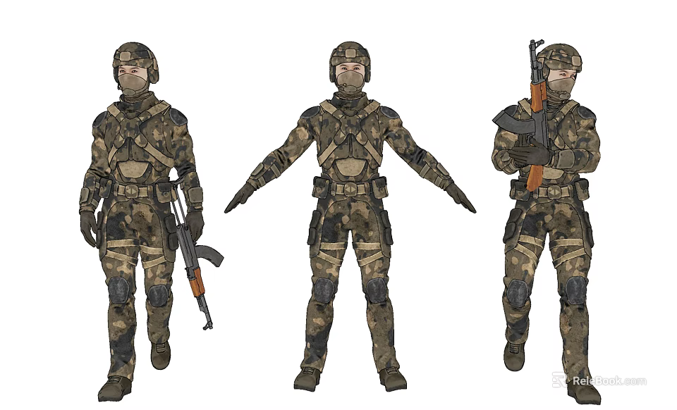 Game Movie Character in Camouflage Uniform with Weapon in Different Poses 3d model 