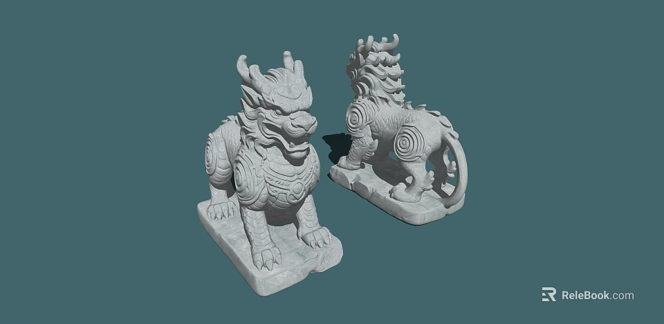Traditional Stone Lion Sculptures With Ornate Carvings For Outdoor Landscape Decoration 3d model 