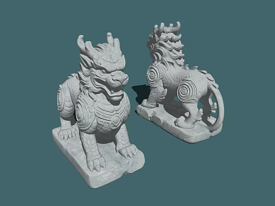 Traditional Stone Lion Sculptures With Ornate Carvings For Outdoor Landscape Decoration 3d model