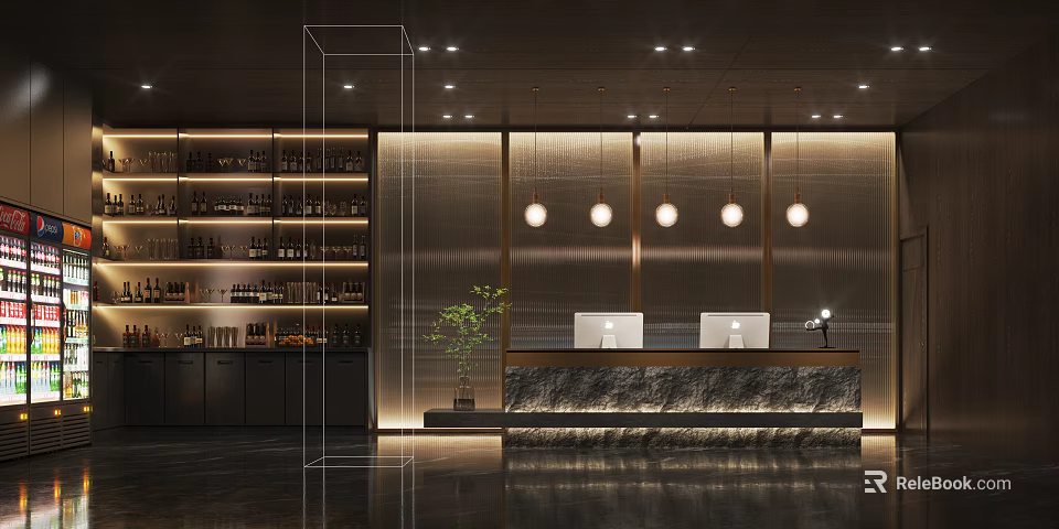 Modern Reception Area With Stone Countertop Pendant Lights Wine Rack And Green Plant 3d model 
