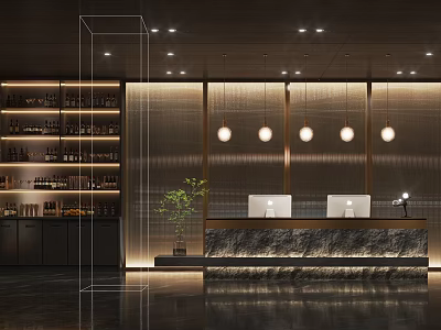 Modern Reception Area With Stone Countertop Pendant Lights Wine Rack And Green Plant 3d model