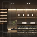 Modern Reception Area With Stone Countertop Pendant Lights Wine Rack And Green Plant