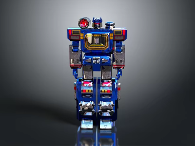 Blue Robot Action Figure With Red Eyes Yellow Chest Silver Limbs And Colorful Leg Details 3d model