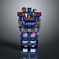 Blue Robot Action Figure With Red Eyes Yellow Chest Silver Limbs And Colorful Leg Details
