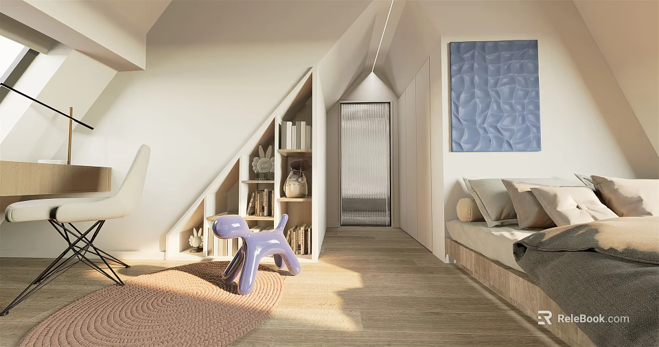 Sunny Kids Room With Purple Toy Dog Bookshelf Blue Decor Sofa Bed And Wooden Floor 3d model 
