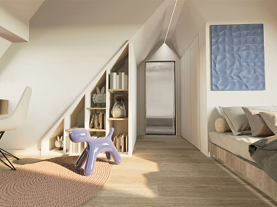 Sunny Kids Room With Purple Toy Dog Bookshelf Blue Decor Sofa Bed And Wooden Floor 3d model