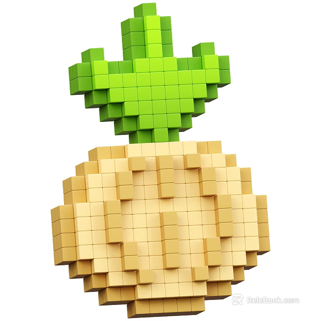 Block Style Pineapple Vegetable in Pixel Art with Green Top and Yellow Cube Body 3d model 
