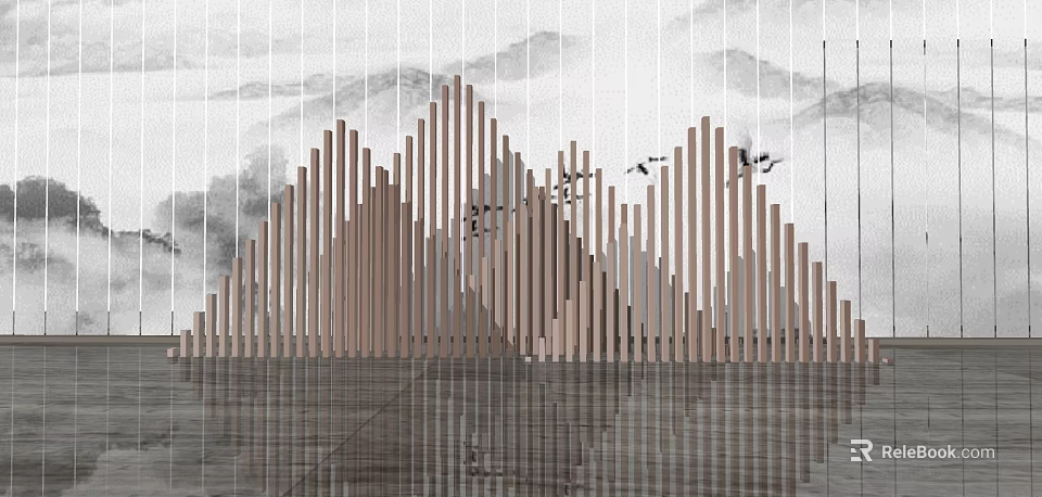 Wooden Slat Feature Wall With Mountain Shape Reflection And Flying Birds 3d model