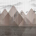 Wooden Slat Feature Wall With Mountain Shape Reflection And Flying Birds 3d model