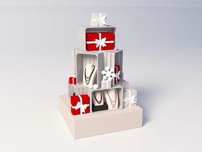 Multi Tiered Display Shelf With Red And White Gift Boxes And Decorative Ornaments 3d model