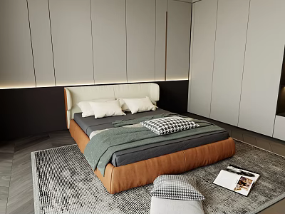 Modern Minimalist Double Bed with Light Headboard White Pillows and Checkered Blanket on Patterned Rug 3d model