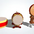 Traditional Chinese Musical Drums with Red Golden Decorative Designs and Various Sizes on Stand