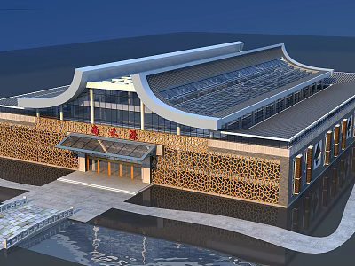Traditional Museum Building With Glass Roof Perforated Exterior Wall And Water Feature 3d model