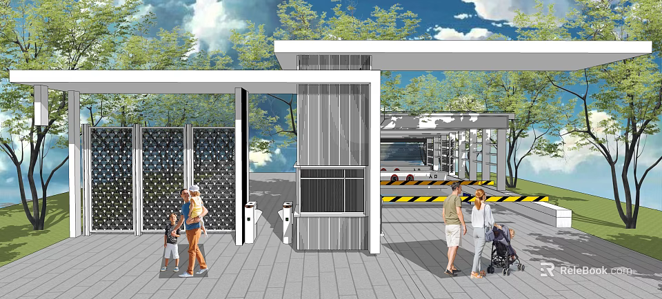 Modern Entrance Gate Design With Pedestrians Trees And Vehicle Access Structure 3d model 