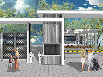 Modern Entrance Gate Design With Pedestrians Trees And Vehicle Access Structure 3d model