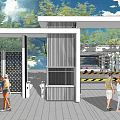 Modern Entrance Gate Design With Pedestrians Trees And Vehicle Access Structure