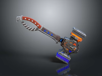 Mechanical Hammer Weapon With Red Handle Blue Accents Orange Black Components And Glowing Base 3d model
