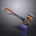 Mechanical Hammer Weapon With Red Handle Blue Accents Orange Black Components And Glowing Base