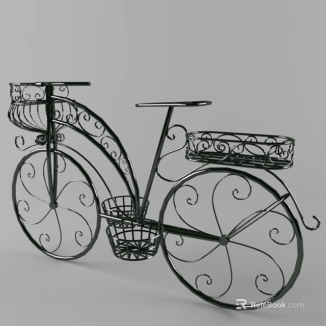 Black Iron Bicycle Shaped Garden Decor With Scrollwork And Flower Baskets 3d model