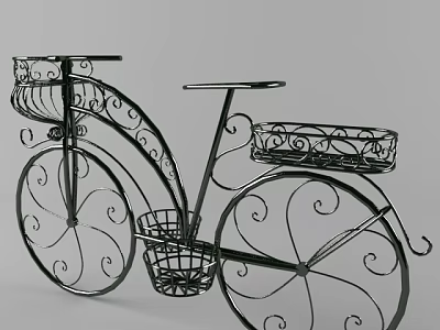Black Iron Bicycle Shaped Garden Decor With Scrollwork And Flower Baskets 3d model