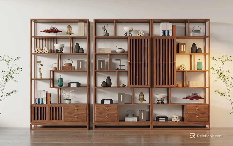 Traditional Chinese Wooden Bogu Shelves With Decorative Items Books Vases And Drawers 3d model 