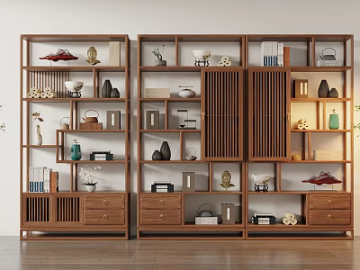 Traditional Chinese Wooden Bogu Shelves With Decorative Items Books Vases And Drawers 3d model
