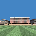 Modern School Building Design With Green Roof Sports Field And Surrounding Trees