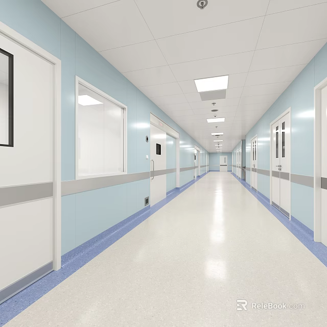 Bright Elevator Hallway With Blue Walls Light Floor White Ceiling Side Doors Windows And Lighting 3d model