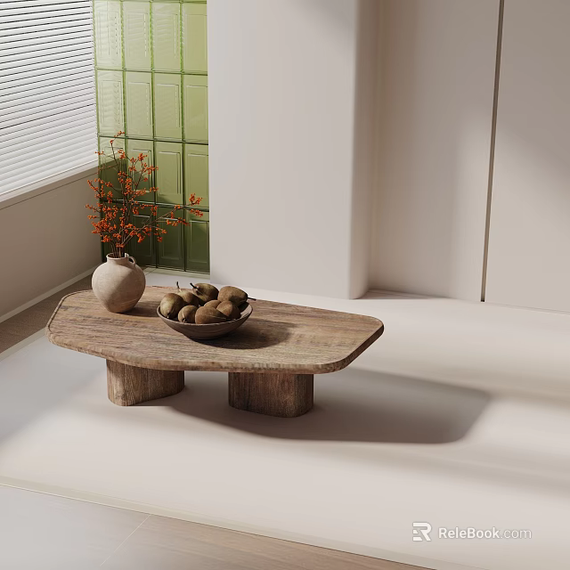 Natural Sofa Coffee Table Set With Wooden Legs Orange Vase Stone Bowl Green Tiles 3d model 