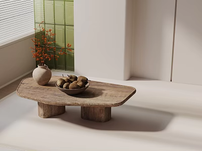 Natural Sofa Coffee Table Set With Wooden Legs Orange Vase Stone Bowl Green Tiles 3d model