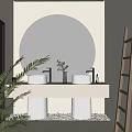 Modern Bathroom Vanity With White Sinks Black Faucets Green Plants And Window View