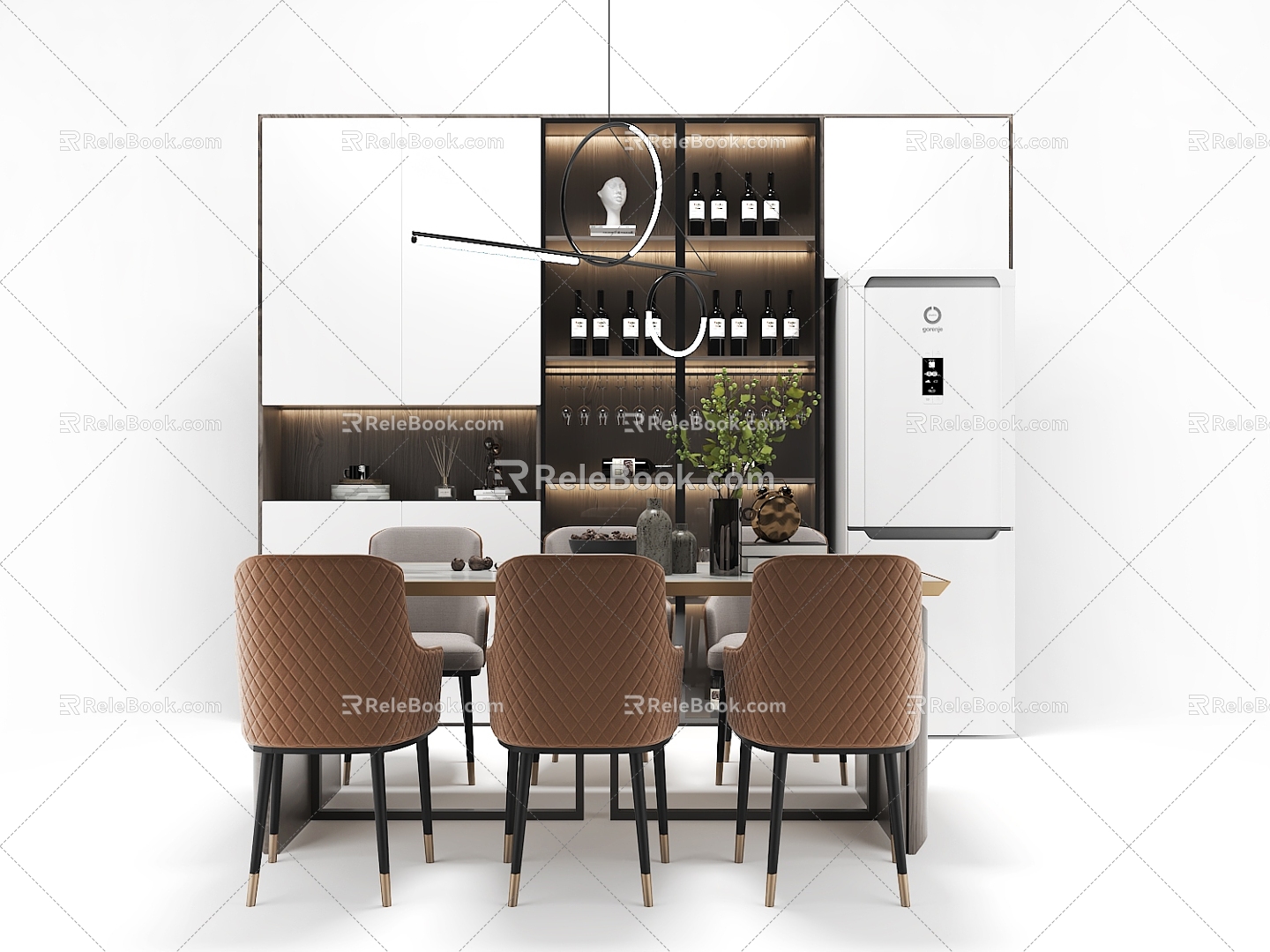 Light Luxury Dining Table and Chair Combination Dining Chair Restaurant Chandelier Wine Cabinet Single Door Refrigerator 3d model