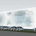 Modern Commercial Complex With Perforated White Facade Trees Lawn And Pathway