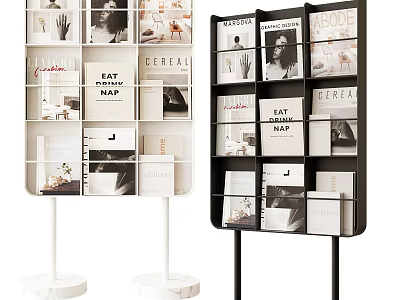 Stylish Modern Bookshelf Design With White Black Frames Marble Bases And Decorative Magazines 3d model