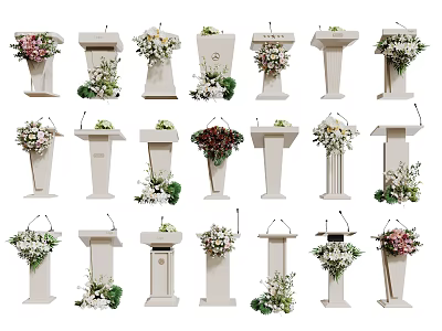 Elegant White Podiums With Various Floral Decorations And Greenery Accents 3d model