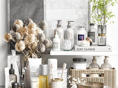 Modern Bathroom Accessories With Stylish Bottles Jars Dried Flowers And Storage Basket 3d model