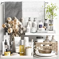 Modern Bathroom Accessories With Stylish Bottles Jars Dried Flowers And Storage Basket