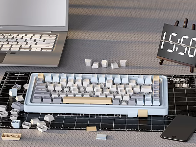 Laptop Mechanical Keyboard on Grid Mat with Keycaps Digital Clock and Phone 3d model
