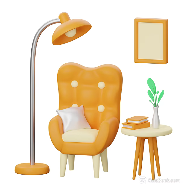 Orange Button Tufted Leisure Chair With Pillow Floor Lamp Side Table Books And Green Plant 3d model 