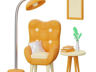Orange Button Tufted Leisure Chair With Pillow Floor Lamp Side Table Books And Green Plant 3d model