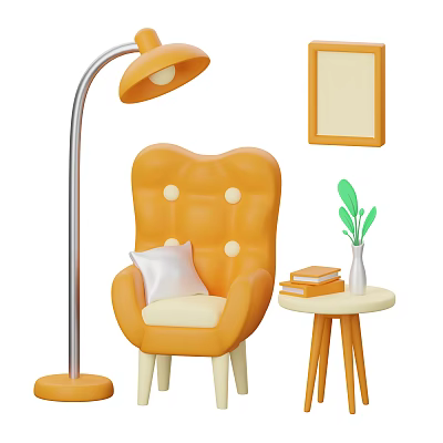 Orange Button Tufted Leisure Chair With Pillow Floor Lamp Side Table Books And Green Plant 3d model