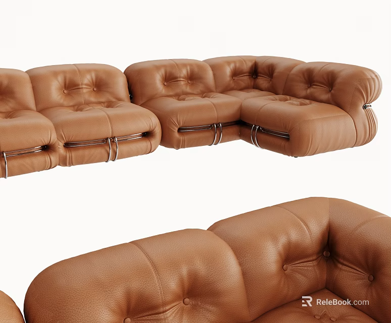 Brown Leather Sectional Sofa with Button Tufted Details and L Shaped Modern Design 3d model 