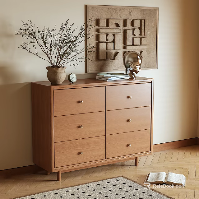 Wooden Console Table With Drawers And Decorative Vase Dried Branches Books Globe By Wall Art 3d model 