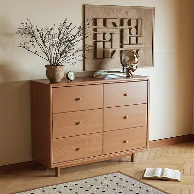 Wooden Console Table With Drawers And Decorative Vase Dried Branches Books Globe By Wall Art 3d model