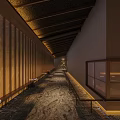Japanese Style Teahouse Courtyard Night View With Wooden Structure Red Maple Tree And Stone Path