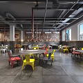 Industrial Style Restaurant Interior With Colorful Chairs Large Windows Ceiling Pipes And Dining Tables