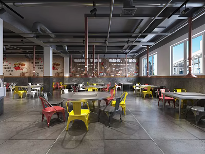 Industrial Style Restaurant Interior With Colorful Chairs Large Windows Ceiling Pipes And Dining Tables 3d model
