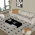 Modern Beige Sofa Coffee Table Combination With Brown Pillows And Black White Checkered Rug