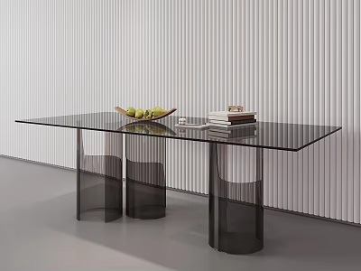 Modern Glass Top Coffee Table With Black Cylindrical Legs Featuring Fruit Bowl And Stacked Books 3d model